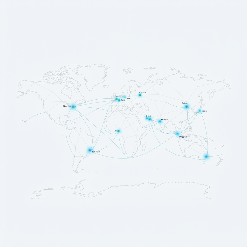Abstract world map showing Dimension Forward Healthcare's global regulatory network