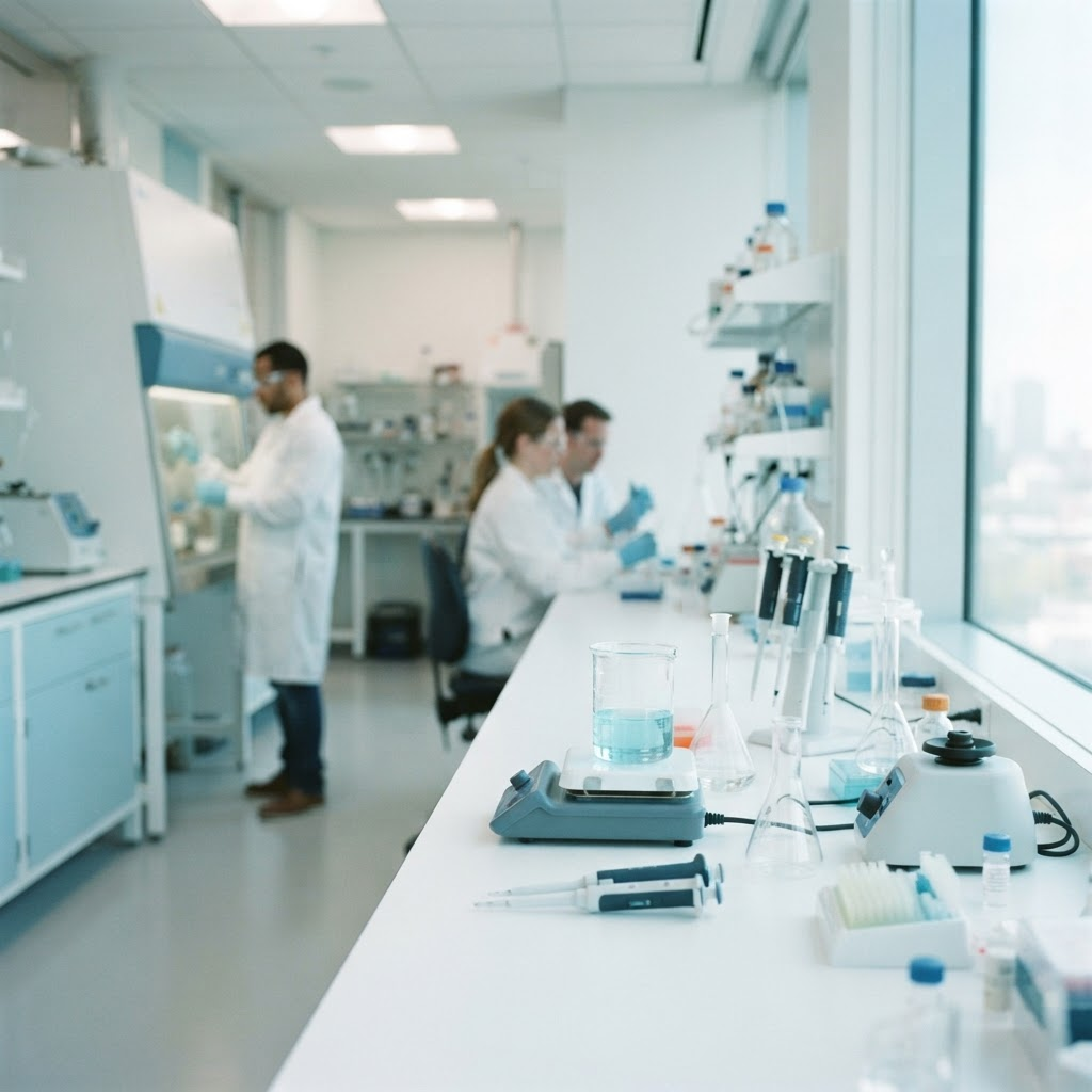 Bright, sterile pharmaceutical laboratory with scientists at work